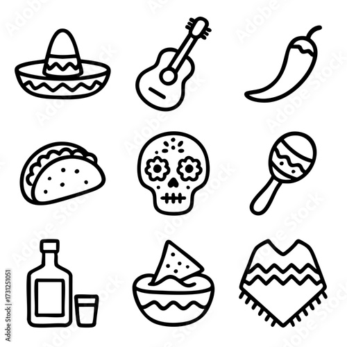 A set of doodle line icons inspired by Mexican culture, featuring food, music, sombrero, tequila, Day of the Dead, and traditions