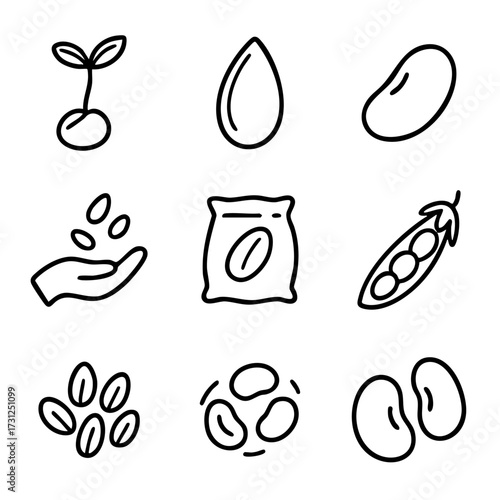 A set of doodle line icons featuring various seeds, beans, pods, sprouts, and planting symbols related to agriculture and gardening