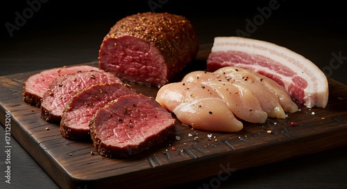 Assortment of uncooked meats on a wooden cutting board against a dark backdrop