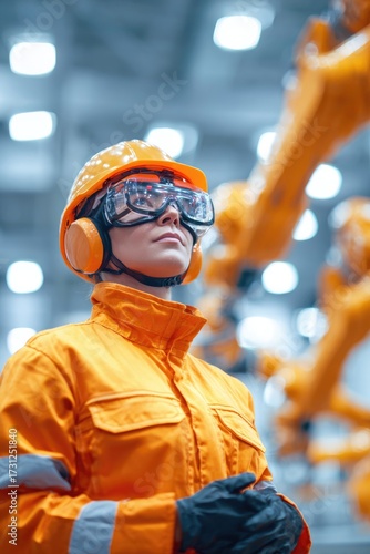 Focused individual in safety gear, surrounded by advanced roboti