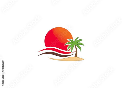 Tropical sunset illustration featuring palm tree and ocean waves
