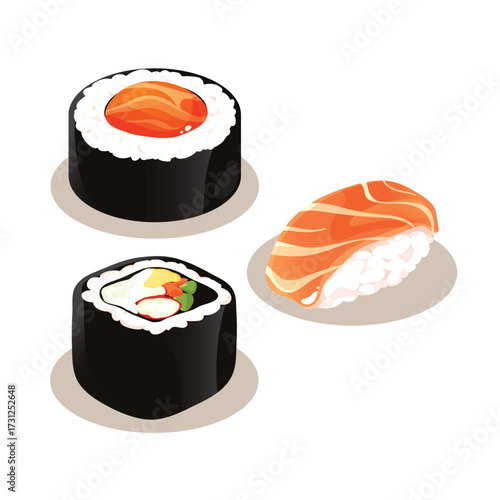 A set of delicious and fresh sushi illustrations in isometric style. Includes salmon maki, futomaki, and salmon nigiri.