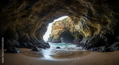 Coastal cave entrance with ocean view and sandy beach panorama