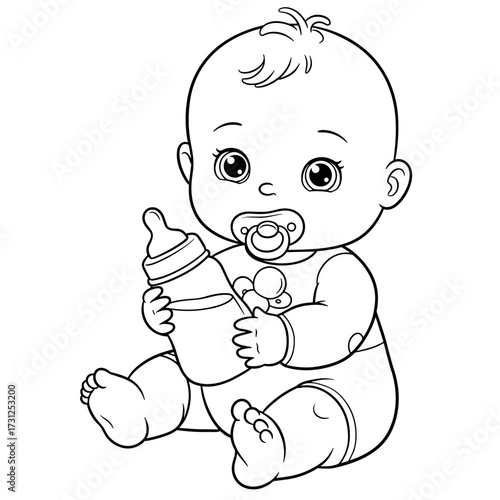 Cartoon baby with pacifier, holding bottle, sitting in onesie. Simple black-and-white style.