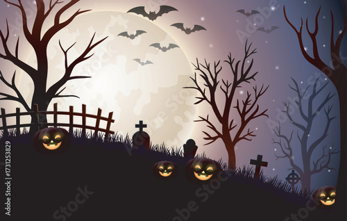 Halloween night background with pumpkins, bats, graveyard and full moon