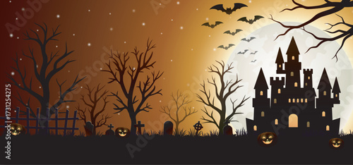 Halloween background with castle, graveyard and full moon