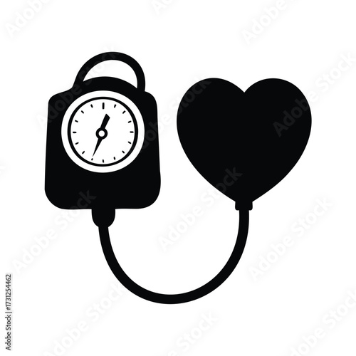 Black and white graphic illustration of a heart and blood pressure monitor, blood pressure monitor silhouette vector illustration