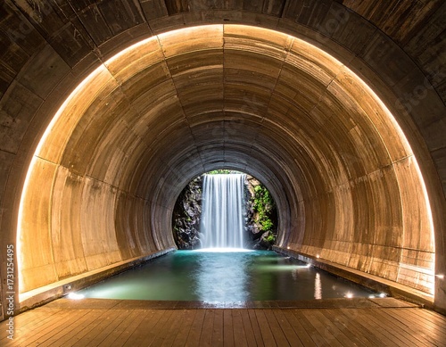 Waterfall view tunnel with a pool and illuminated arc
