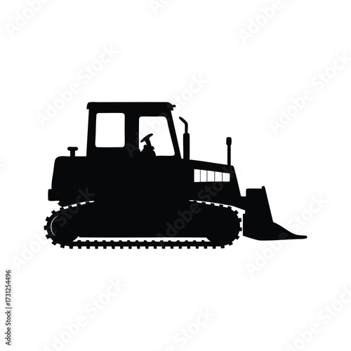 Silhouette of a powerful bulldozer with treads and a large front blade, bulldozer silhouette vector illustration