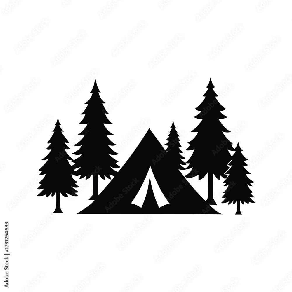 Obraz premium Silhouette image showcasing a camping tent nestled amongst evergreen trees in a forest, camping in forest silhouette vector illustration