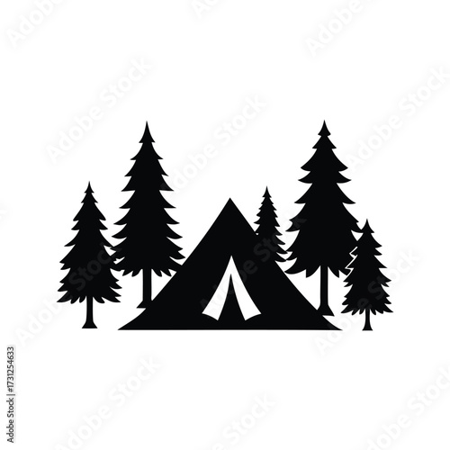 Silhouette image showcasing a camping tent nestled amongst evergreen trees in a forest, camping in forest silhouette vector illustration