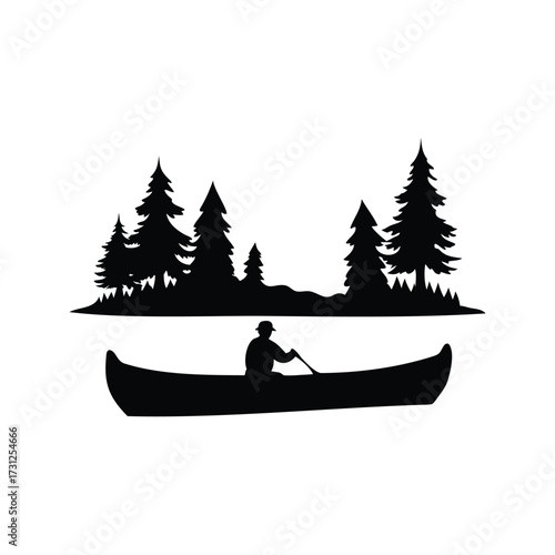 Silhouette of a person canoeing with trees on the shore and white background, canoeing in lake silhouette vector illustration