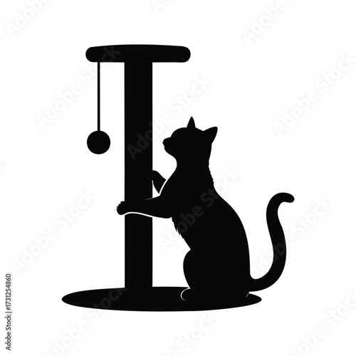 Silhouette of a playful cat scratching post with hanging ball toy, cat scratching post silhouette vector illustration