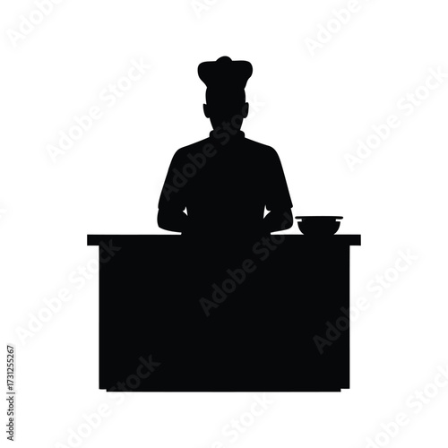 Silhouette of a chef preparing food at a kitchen counter, isolated, chef working at counter silhouette vector illustration