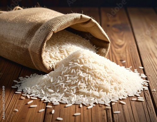 a pile of rice spilled from a sack on a wooden table.