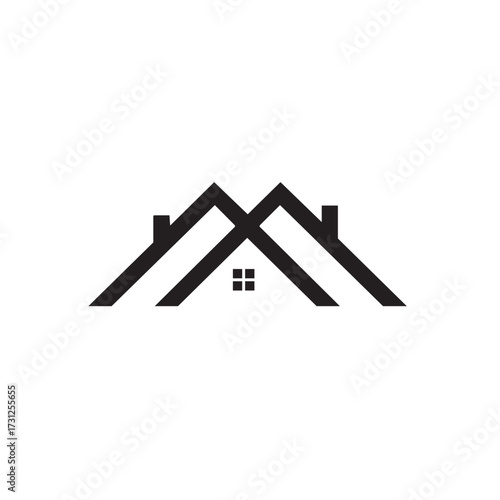 A modern, minimalist black and white logo design featuring two interconnected house roofs, representing real estate, property, and home ownership concepts.