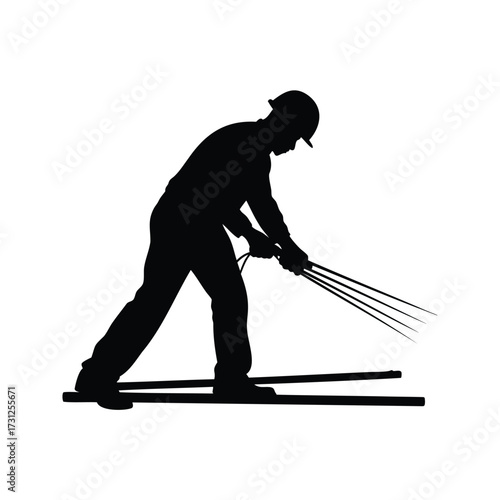 Silhouette of a construction worker operating a vibratory concrete leveler device, construction worker cutting rebar silhouette vector illustration