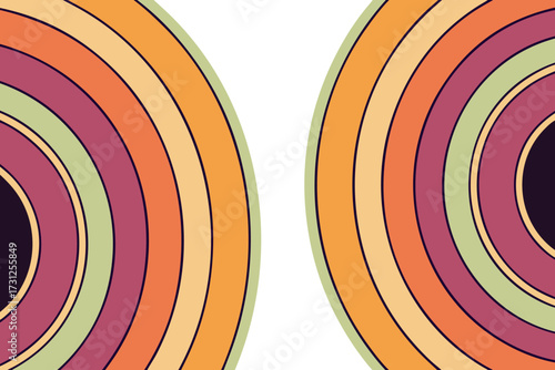 Abstract concentric circles in warm orange purple and green tones with dark outlines background pattern