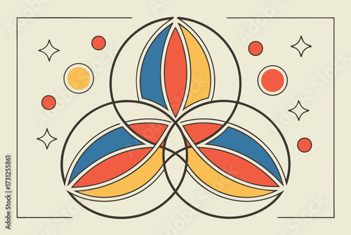 Abstract geometric design with overlapping circles and star shapes in red blue yellow and cream interconnected