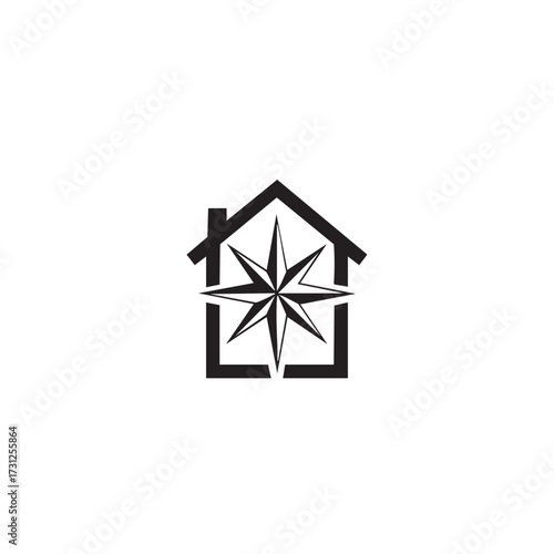 A sleek, monochromatic logo depicting a house frame encompassing a compass rose, symbolizing home navigation, real estate guidance, and finding your way.