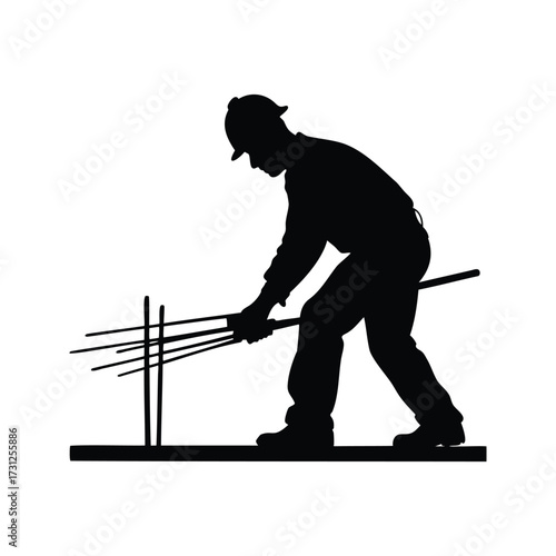 Silhouette of Construction Worker Manipulating Rebar on a Building Site, construction worker cutting rebar silhouette vector illustration