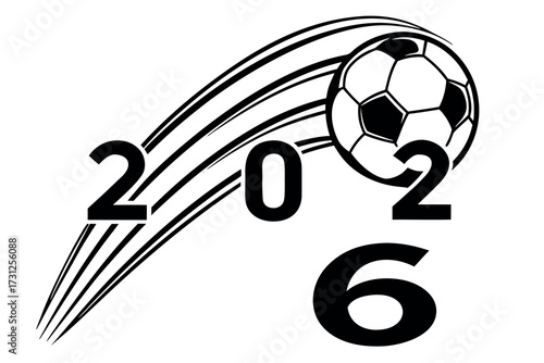 Black and white graphic of a soccer ball with motion lines and the year 2026 football