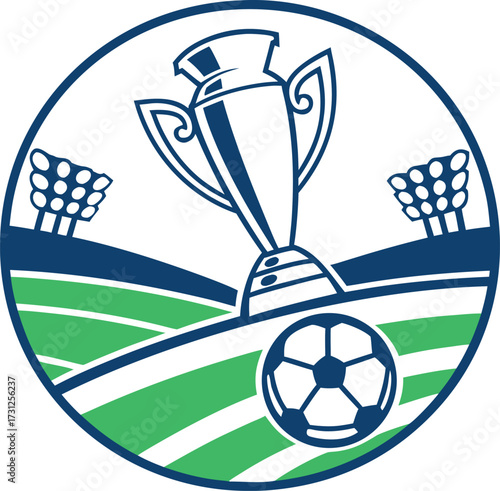 Blue and green soccer trophy and ball emblem on stadium field football