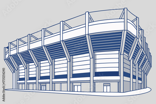 Blue and white stadium grandstand with tiered seating and support columns sports arena architecture