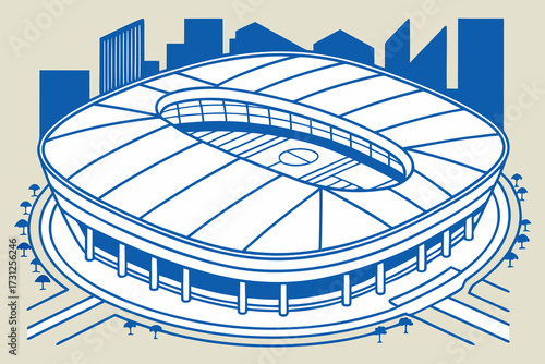 Blue and white stadium illustration with cityscape background and stylized trees sports arena architecture
