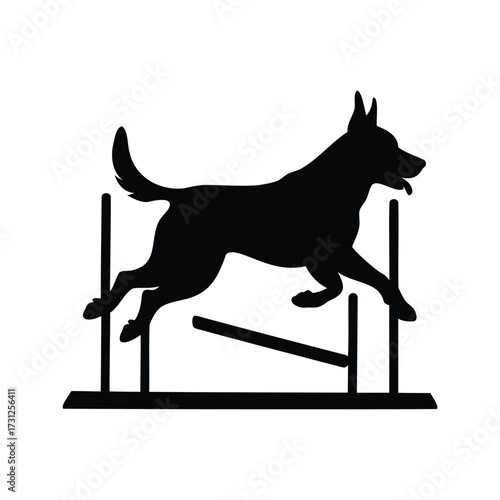 Silhouette of a dog jumping over a bar during an agility event, dog in agility competition silhouette vector illustration