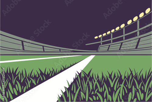 Empty stadium at night with bright lights over green field and grass sports arena
