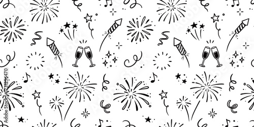 Doodle firework seamless pattern. Festive doodle background with hand drawn sparkler, confetti, and party elements for birthday or new year celebration seamless pattern. Vector illustration