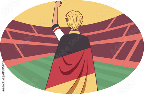 German fan with fist raised wearing national flag cape in stadium Germany supporter