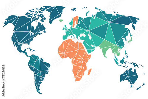 Geometric world map with teal orange and green continents and white lines globe geography