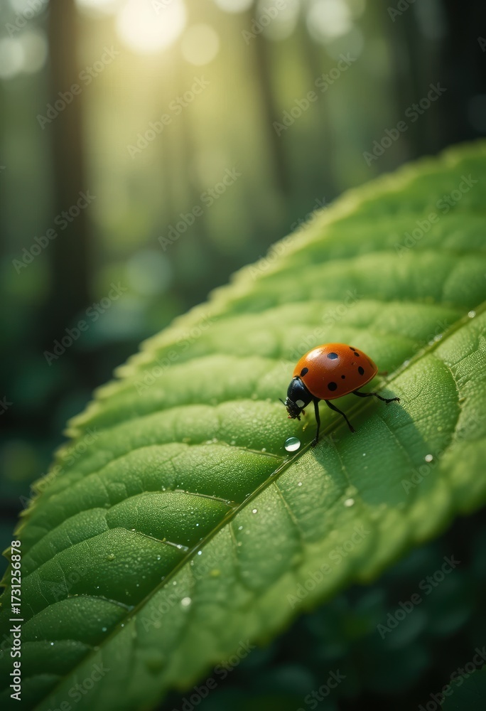 Fototapeta premium Ladybug on a Vibrant Green Leaf A Close-up View in a Lush Forest Setting