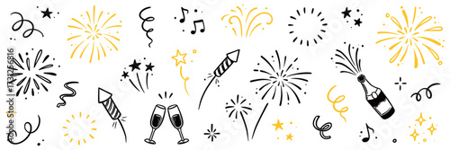 Fireworks new year set. Hand drawn vector elements with doodle golden confetti, firecracker and festive sparkle for birthday, party, or new year celebration. Gold firework vector illustration