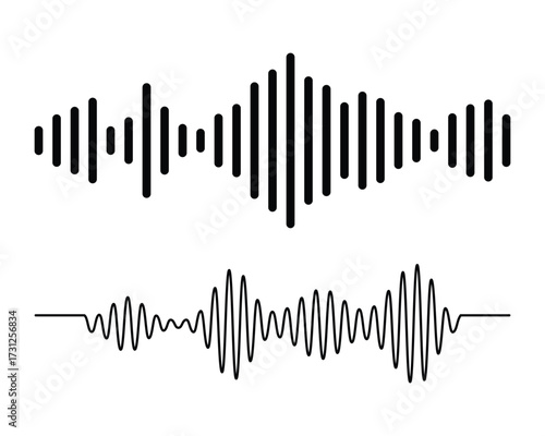 Sound wave collection for music equalizer illustration. Sound wave icon set, black sound waves and audio frequencies, audio wave icons, set of radio wave icons. Sound wave icon on white background