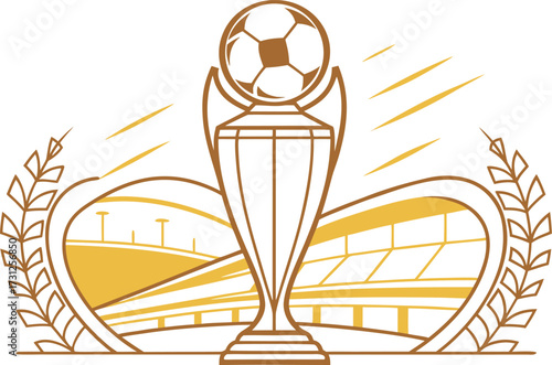 Golden soccer trophy with stadium background and laurel wreath football award championship cup