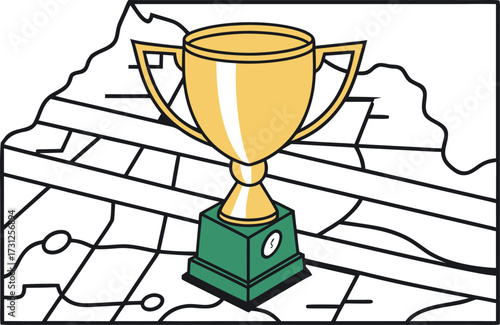 Golden trophy on green base with abstract map background and black outlines award prize