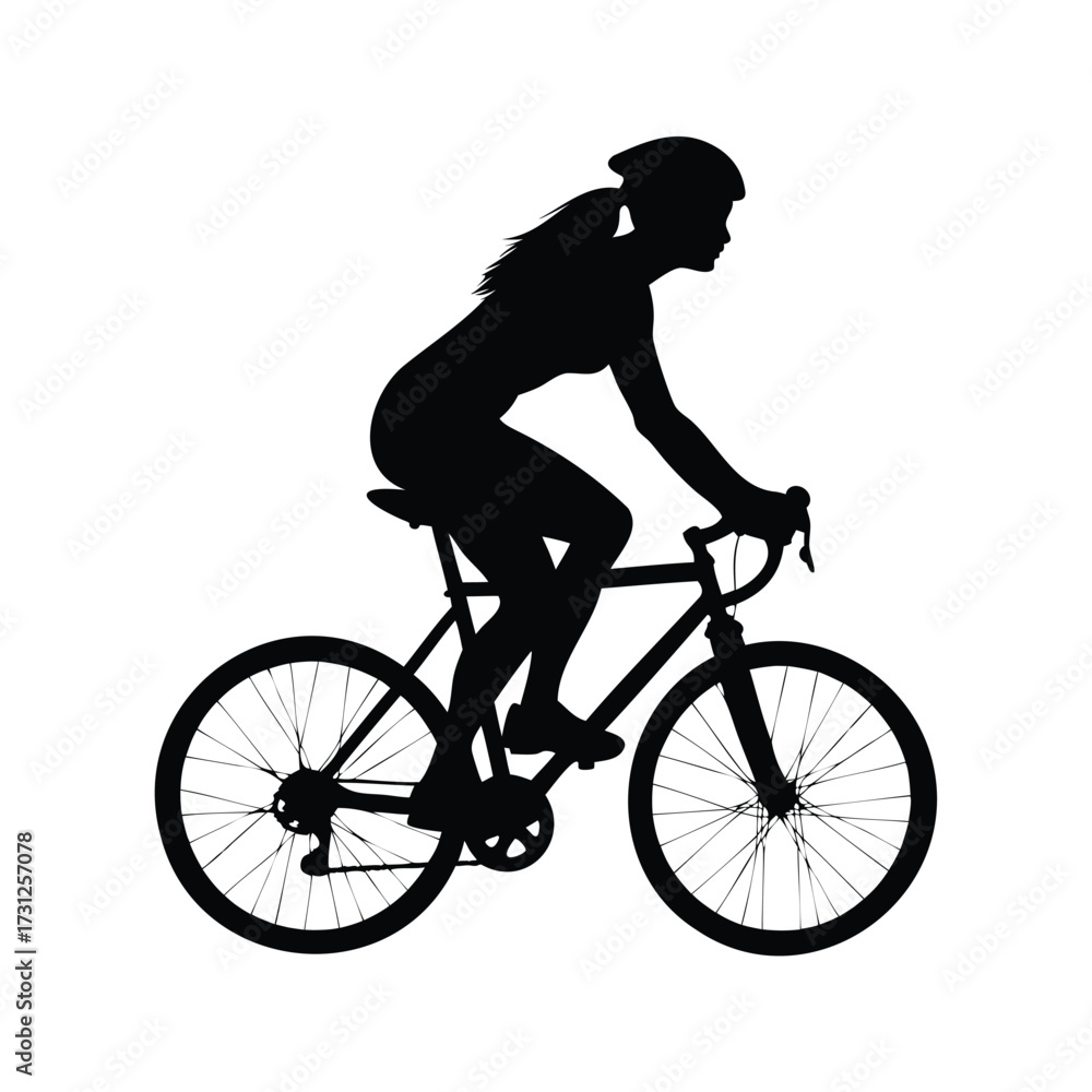 Fototapeta premium Silhouette of a cyclist riding a bicycle, demonstrating athleticism and healthy lifestyle, female athlete cycling silhouette vector illustration