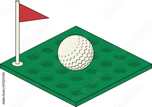 Golf ball on green putting surface with red flag and holes isometric view putting green golf hole