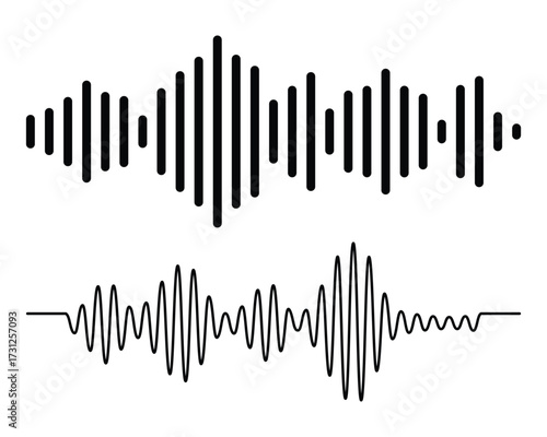 Sound wave collection for music equalizer illustration. Sound wave icon set, black sound waves and audio frequencies, audio wave icons, set of radio wave icons. Sound wave icon on white background