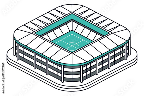 Isometric cartoon soccer stadium with teal field and white seating football sport