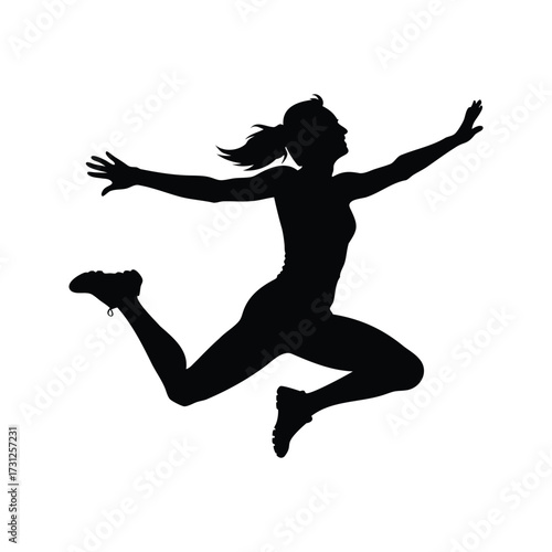 Silhouette of a woman jumping with arms outstretched in celebration of success, female athlete doing high jump silhouette vector illustration