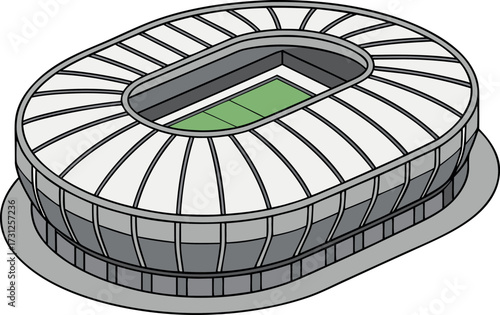 Isometric cartoon stadium with green field and white roof sports arena illustration