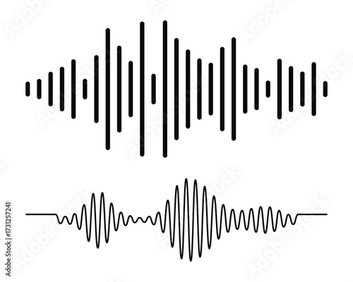 Sound wave collection for music equalizer illustration. Sound wave icon set, black sound waves and audio frequencies, audio wave icons, set of radio wave icons. Sound wave icon on white background