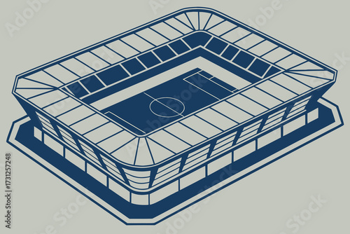 Isometric dark blue football stadium with grey background and field markings soccer stadium sports arena