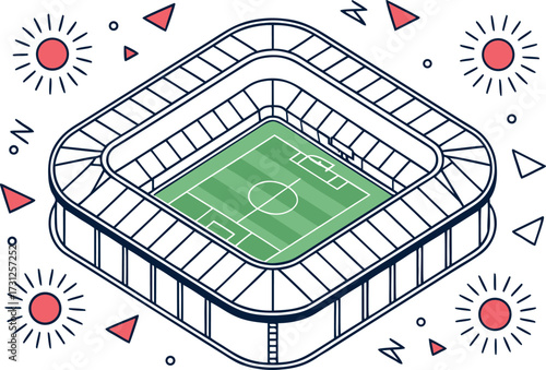 Isometric football stadium with green field and surrounding decorative elements soccer stadium isometric view