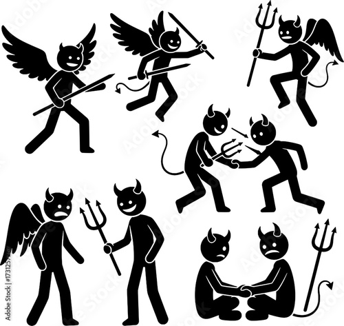 Devil and Demon with Trident and Sword Icon Set