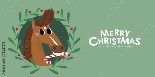 Merry Christmas and happy new year 2026 greeting card with cute horse with xmas wreath. Animal zodiac cartoon character. -Vector